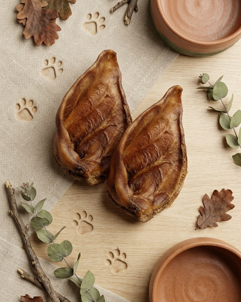 Dos orejas de cerdo deshidratadas sobre lino y madera
